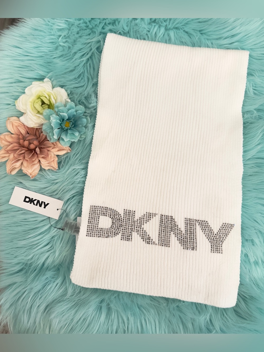 DKNY White Ribbed Knit Scarf with Crystal Logo Details ($70) NEW!